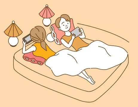 Cute cartoon couple using gadgets in bed Stock Illustration