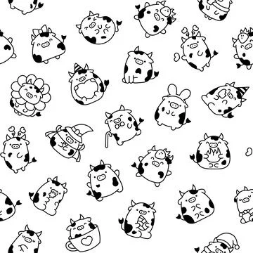Cute cartoon cow. Seamless pattern. Coloring Page. Stock Illustration