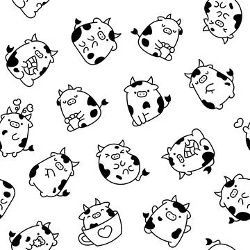 Cute cartoon cow. Seamless pattern. Coloring Page. Stock Illustration