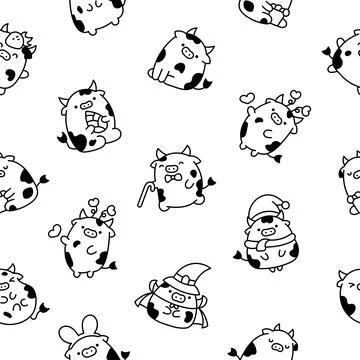 Cute cartoon cow. Seamless pattern. Coloring Page. Stock Illustration
