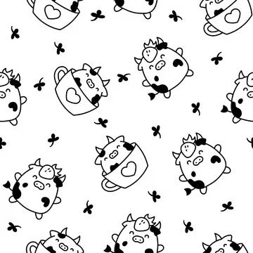 Cute cartoon cow. Seamless pattern. Coloring Page. Stock Illustration