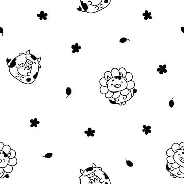 Cute cartoon cow. Seamless pattern. Coloring Page. Stock Illustration
