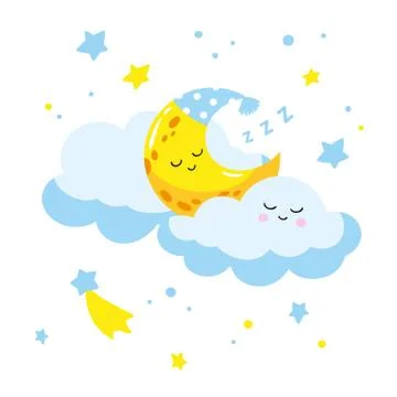Cute cartoon crescent sleeping on a cloud. Stock Illustration