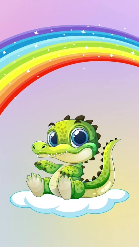 Cute Cartoon Crocodile Floating on Cloud Under a Sparkling Rainbow Stock Footage 340382182