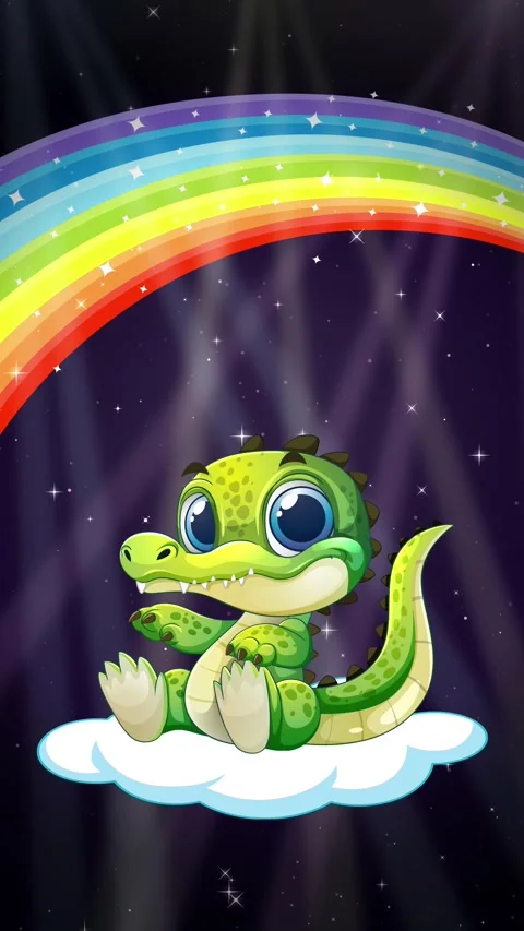 Cute Cartoon Crocodile Floating on Cloud with Rainbow and Glitter Background Stock Footage 340759503
