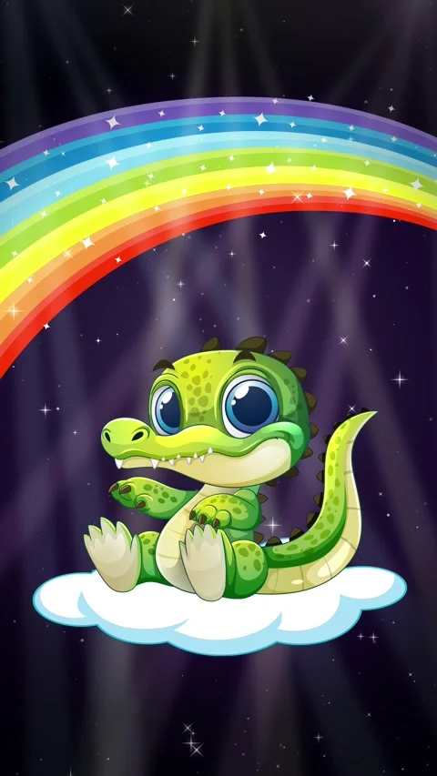 Cute Cartoon Crocodile Floating on Cloud with Rainbow Background Stock Footage 340967517