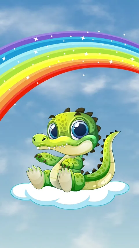 Cute Cartoon Crocodile Floating on Cloud Under a Rainbow Stock Footage 341378628