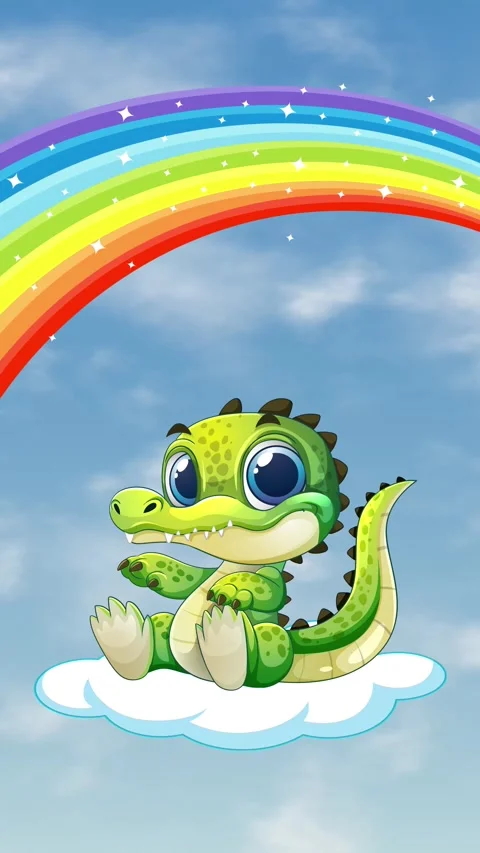 Cute Cartoon Crocodile Floating on Cloud Under Rainbow in Blue Sky Stock Footage 341908162