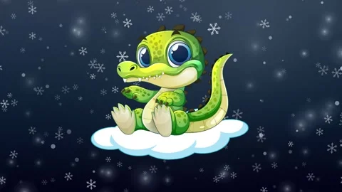 Cute Cartoon Crocodile Floating on a Cloud in Falling Snow Stock Footage 347344958