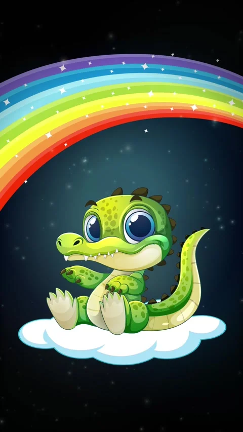 Cute Cartoon Crocodile Sitting on Cloud Under Rainbow in Space Stock Footage 340381937