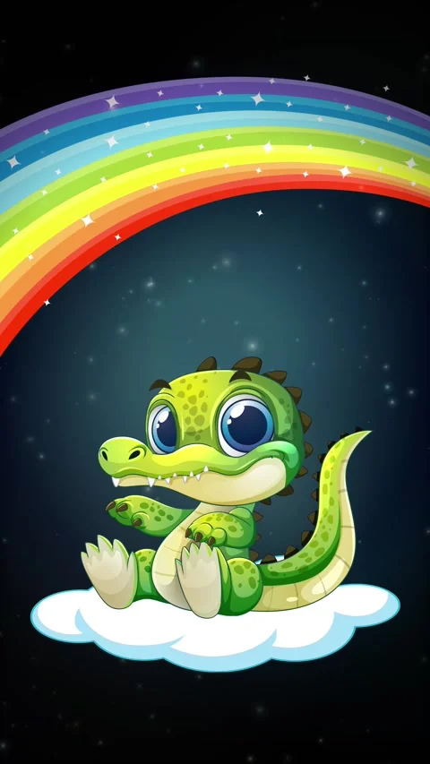 Cute Cartoon Crocodile Sitting on Cloud Under a Vibrant Rainbow Stock Footage 341378833