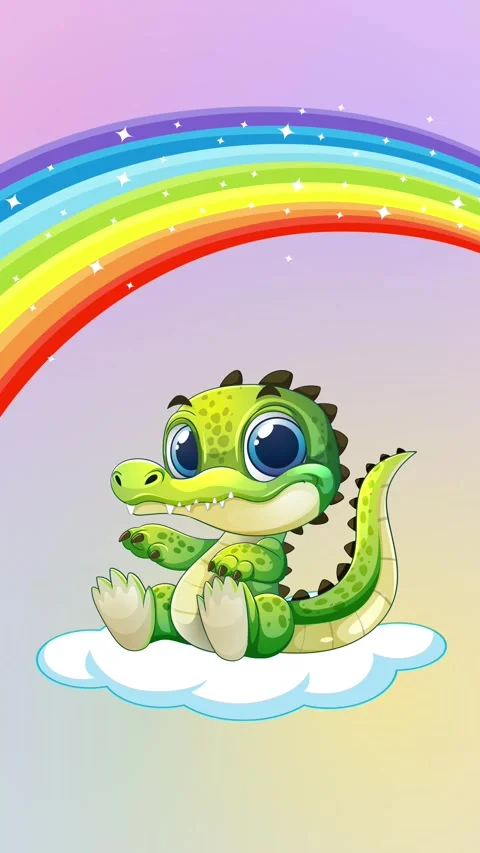 Cute Cartoon Crocodile Sitting on Cloud Under Sparkling Rainbow Stock Footage 344832264
