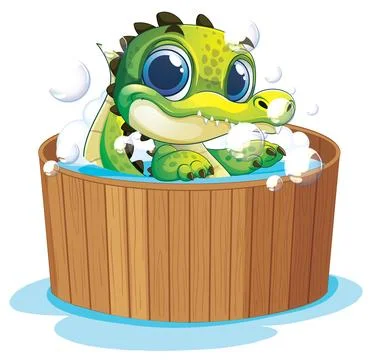 Cute Cartoon Crocodile Taking a Bubble Bath in Wooden Tub Stock Illustration