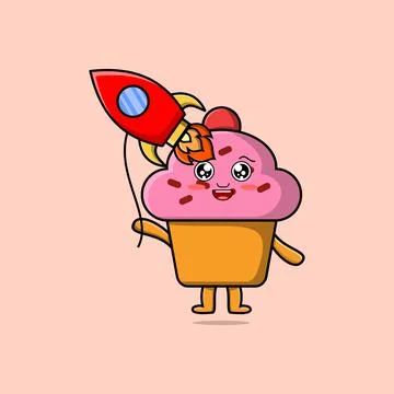 Cute cartoon Cupcake floating with rocket balloon Stock-Illustration