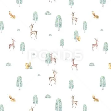 Cute cartoon deer and tree pattern. Colorful illustration for fabric print, w Stock Illustrationen