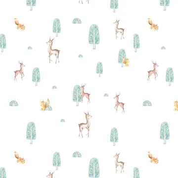 Cute cartoon deer and tree pattern. Colorful illustration for fabric print, w Stock Illustration