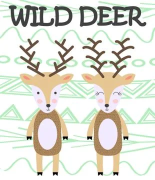Cute cartoon deer. Composition with folk art animals and floral decor element Illustrazione stock
