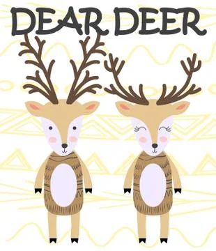 Cute cartoon deer. Composition with folk art animals and floral decor element Stock Illustration