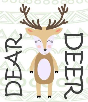 Cute cartoon deer. Composition with folk art animals and floral decor element Illustrazione stock