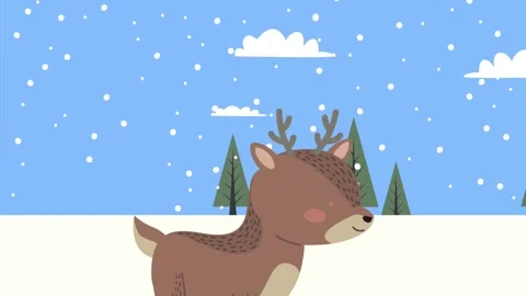 Cute cartoon deer walking through snowy winter forest landscape with fallin.. Vídeo Stock 338365583