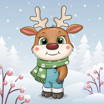 Cute cartoon Deer in winter. Stock Illustration
