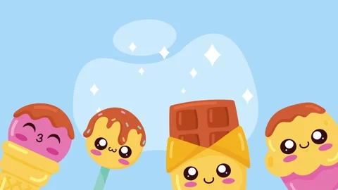 Cute cartoon dessert character group animation on a soft blue background. 库存影片 339080404