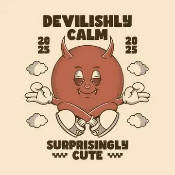 Cute cartoon devil character meditating with clouds and text Stock Illustration