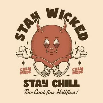 Cute cartoon devil character with peace sign and chill message Stock Illustration