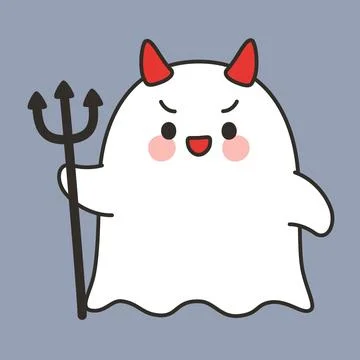 Cute Cartoon Devil Ghost with Horns and Trident Halloween Stock Illustration
