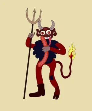 Cute cartoon devil with sausage Stock Illustration
