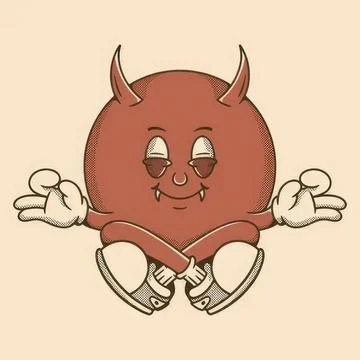 Cute cartoon devil sitting with crossed legs and peace sign Stock Illustration
