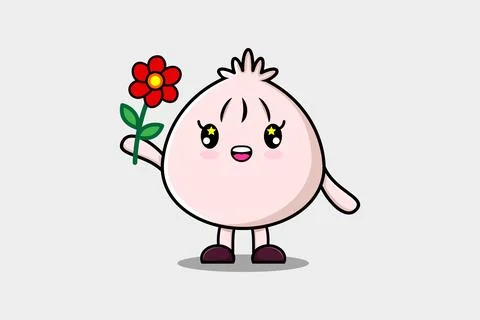 Cute cartoon Dim sum character holding red flower Stock Illustration