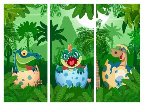 Cute cartoon dinosaur babies hatching from eggs Stock Illustration