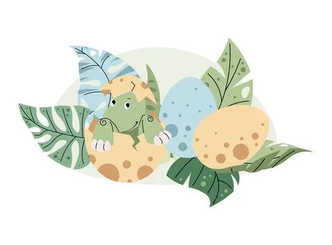 Cute cartoon dinosaur in eggshell in tropical leaves on white background. A.. 스톡 일러스트