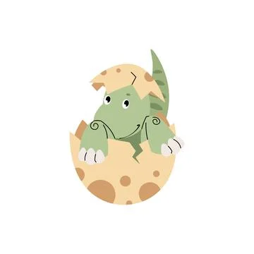 Cute cartoon dinosaur in eggshell on white background. Ancient lizard in fl.. Illustrazione stock
