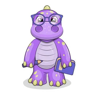 Cute Cartoon Dinosaur with Glasses holds Pencil and Book. Stock Illustration