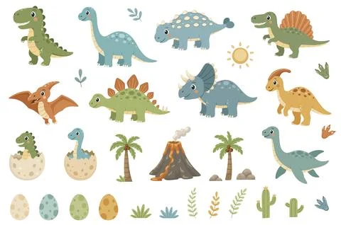 Cute Cartoon Dinosaur Vector Design  Set Stock-Illustration