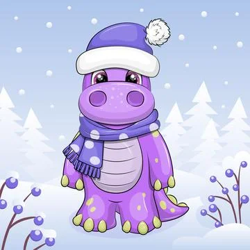 Cute cartoon dinosaur in winter. Stock Illustration