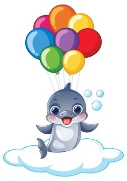 Cute Cartoon Dolphin Floating on a Cloud with Colorful Balloons Illustrazione stock