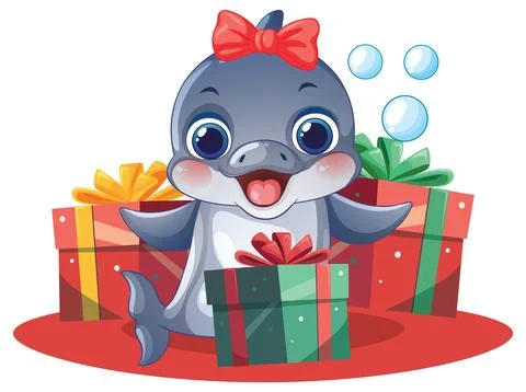 Cute Cartoon Dolphin with Red Bow and Colorful Gift Boxes Vector Illustration イラスト素材