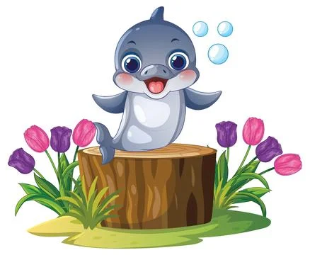 Cute Cartoon Dolphin Sitting on Tree Stump with Colorful Tulips Stock Illustration
