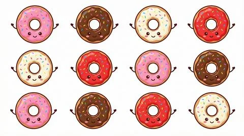 Cute cartoon donuts with smiling faces and sprinkles on white background Stock Illustration