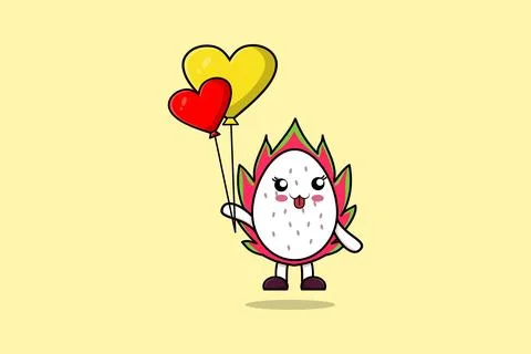 Cute cartoon Dragon fruit float with love balloon Stock Illustration