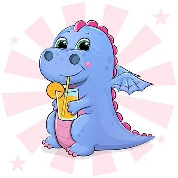 Cute cartoon Dragon with lemonade. Ilustración de archivo