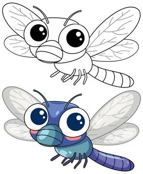 Cute Cartoon Dragonfly Vector Illustration with Coloring Page Version Stock Illustration