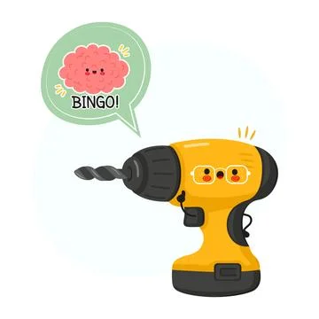 Cute cartoon drill having an idea and a brain saying bingo 库存插图