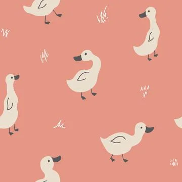 Cute Cartoon Duck Seamless Pattern, Vector Illustration Background 스톡 일러스트