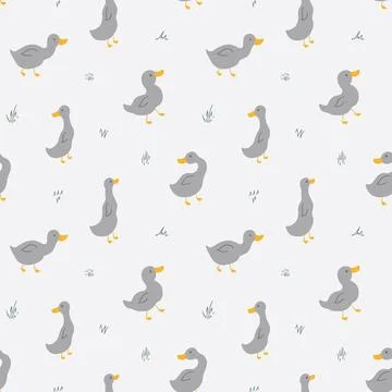 Cute Cartoon Duck Seamless Pattern, Vector Illustration Background 스톡 일러스트
