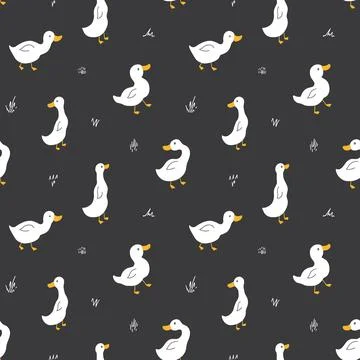 Cute Cartoon Duck Seamless Pattern, Vector Illustration Background 스톡 일러스트