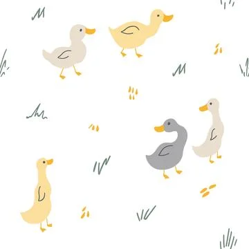 Cute Cartoon Duck Seamless Pattern, Vector Illustration Background 스톡 일러스트